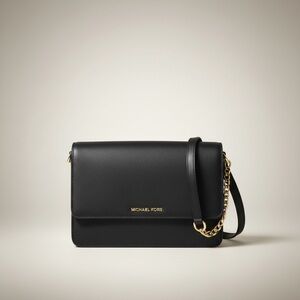 Michael Kors Black Saffiano Leather Crossbody Shoulder Bag Gold Chain